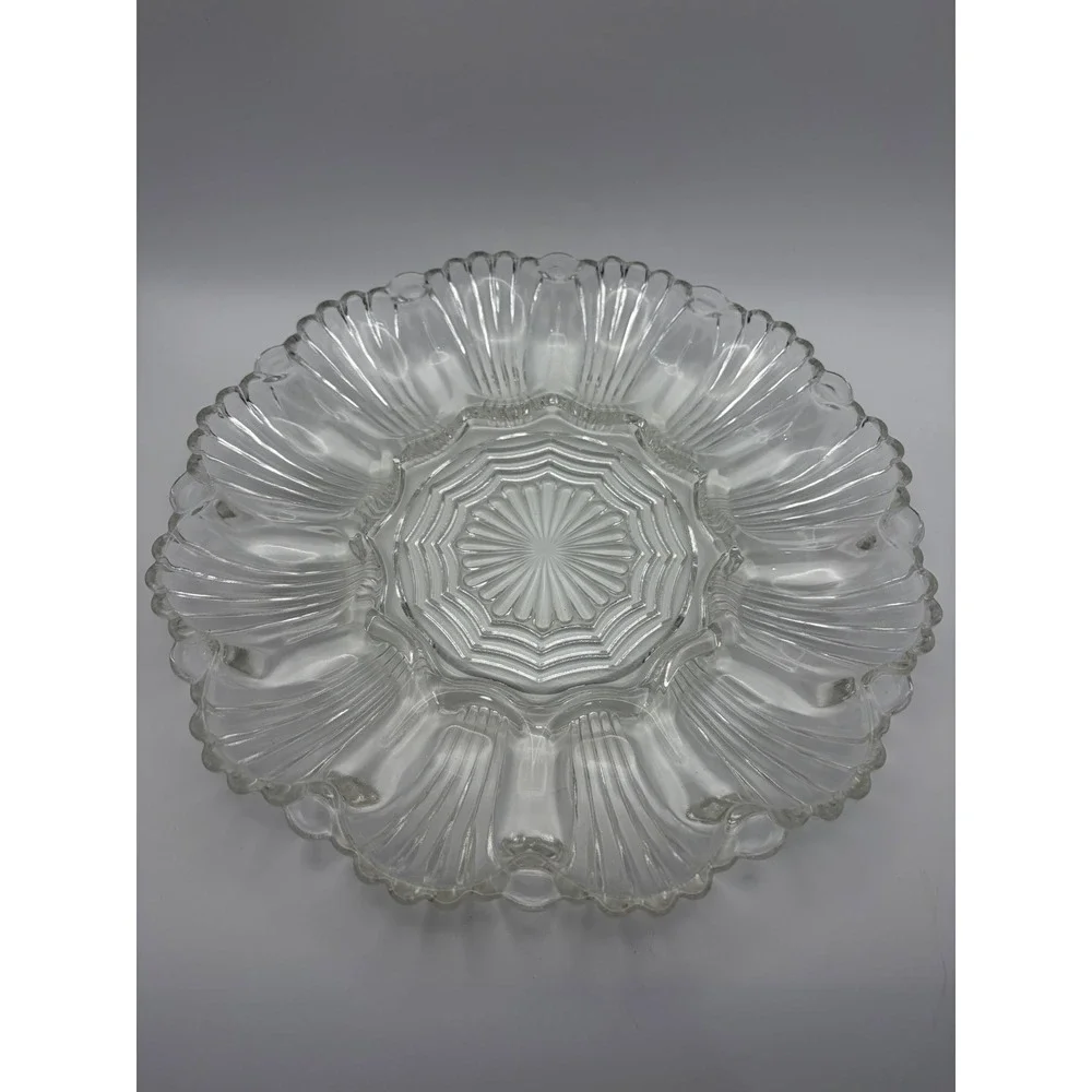 Vintage Clear Glass Deviled Egg Platter Scalloped Shell Design 9 Inch Round Tray